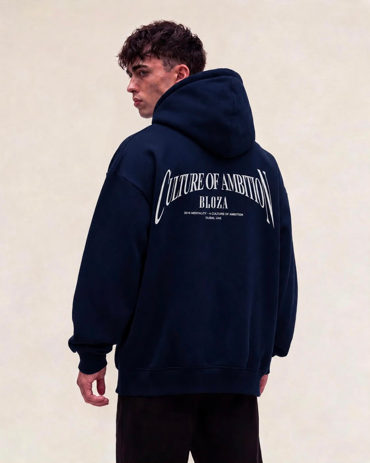 Culture of Ambition hoodie 380 GSM in navy blue, back print