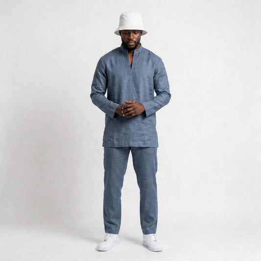 Essential linen Chinese collar T-shirt and pants