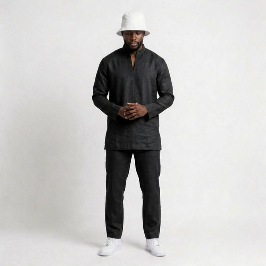 Essential linen Chinese collar T-shirt and pants