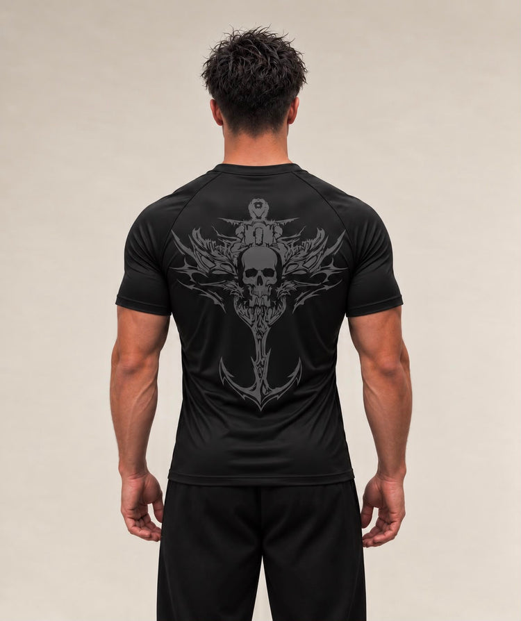 Anchor Skull performance t-shirt in black, back graphic