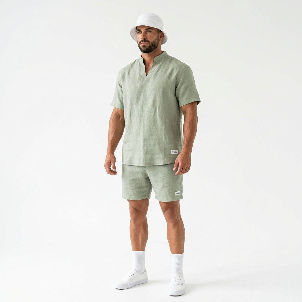 Essential linen Chinese collar T-shirt and Short