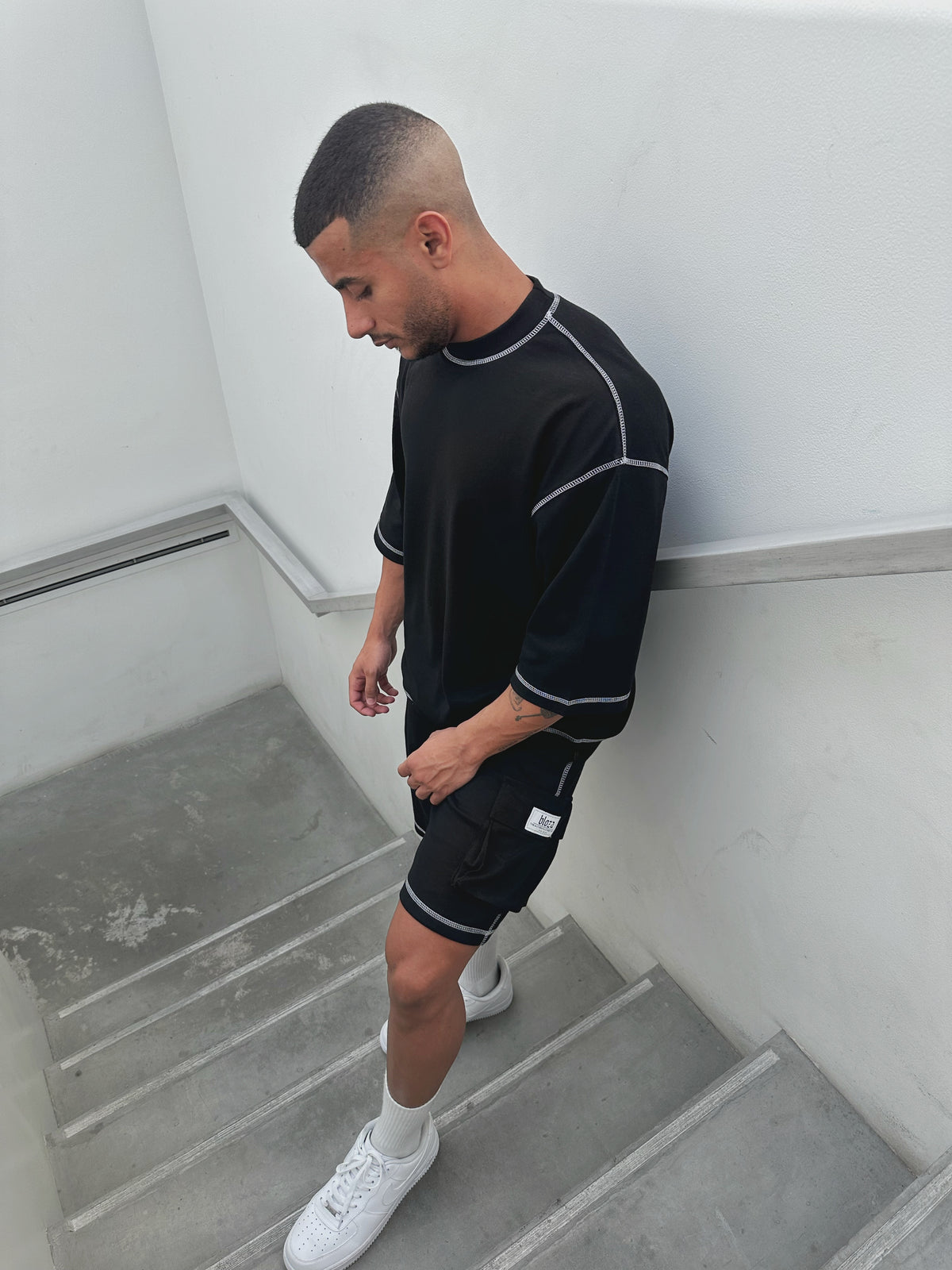 Chain stitched oversize tshirt & cargo shorts set
