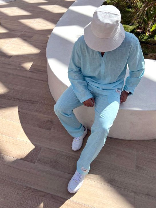 Essential linen Chinese collar T-shirt and pants