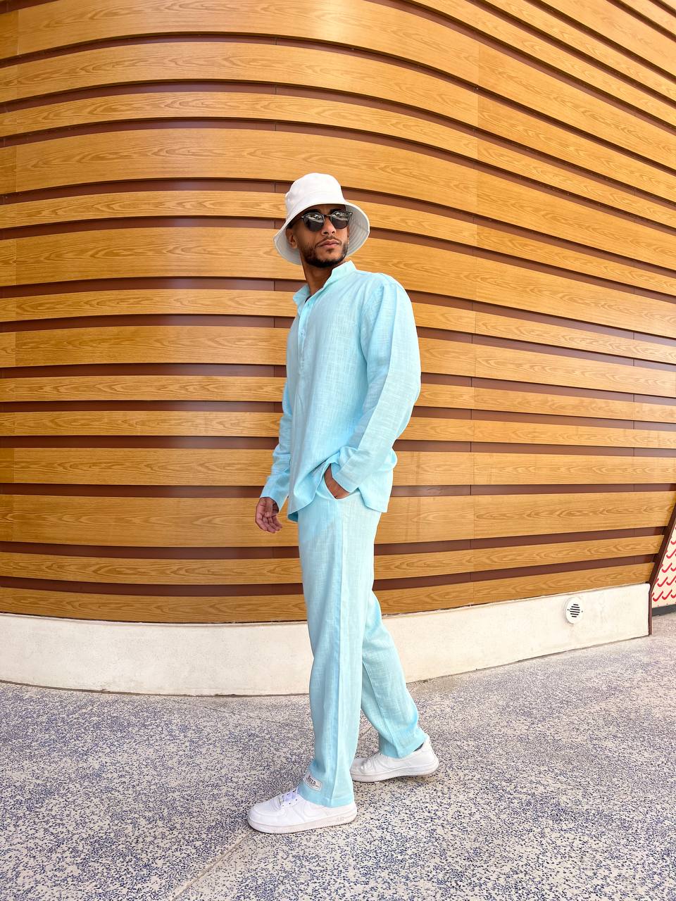 Essential linen Chinese collar T-shirt and pants
