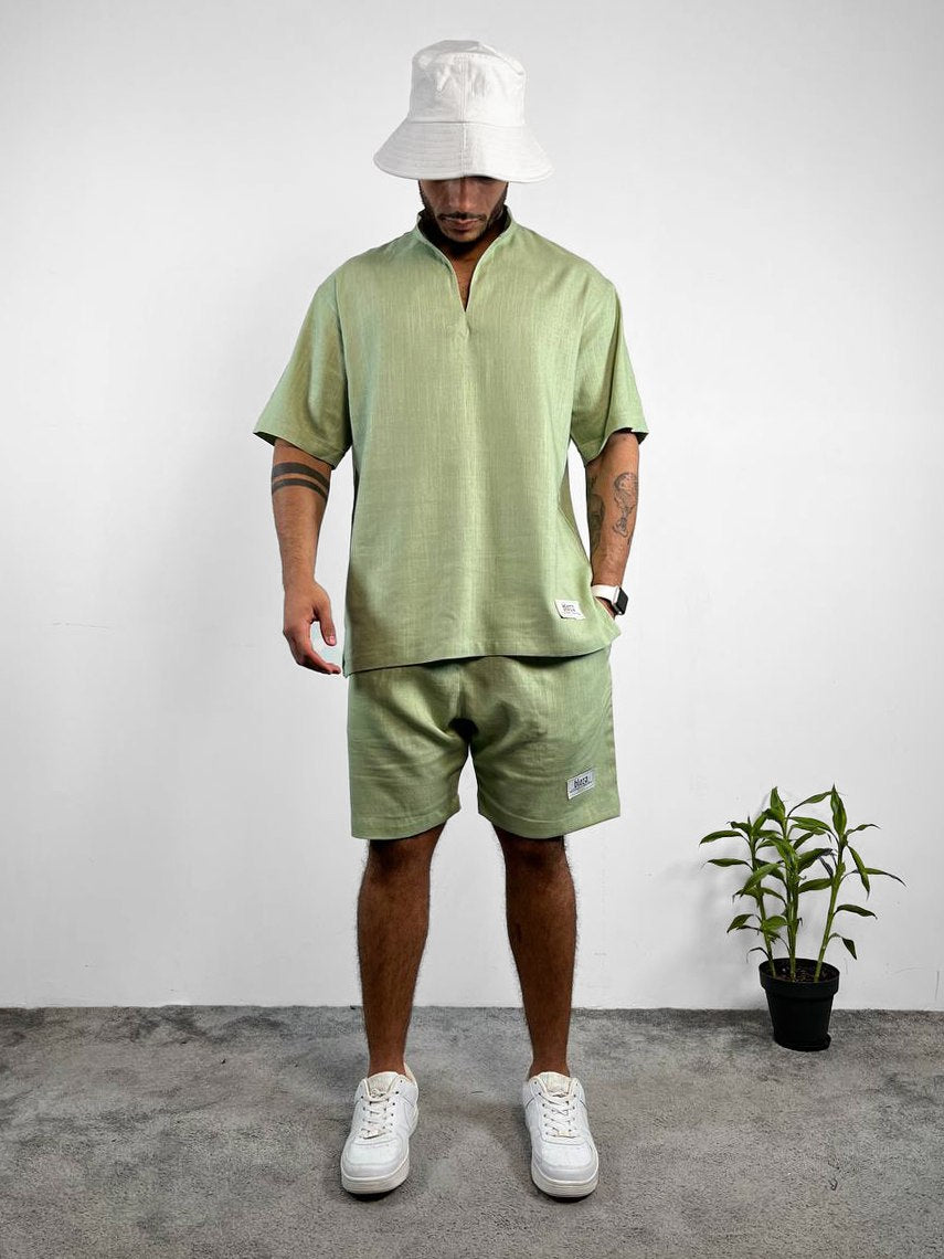 Essential linen Chinese collar Tshirt and short